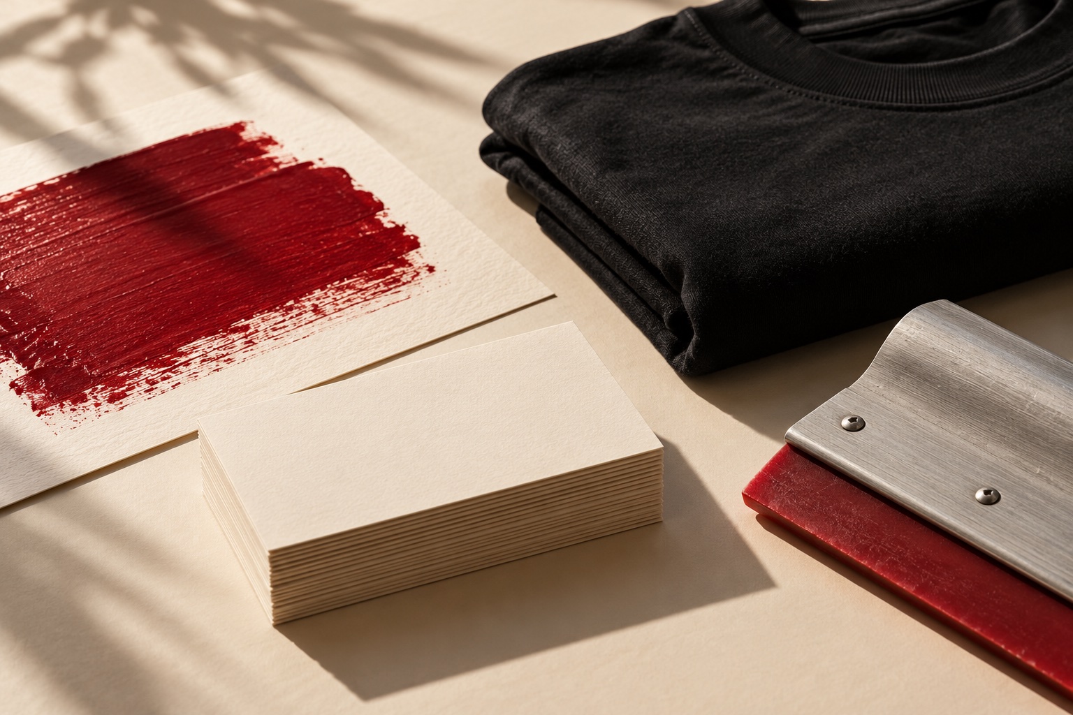Illustrative study of cream cards, red ink, black fabric and a printing squeegee